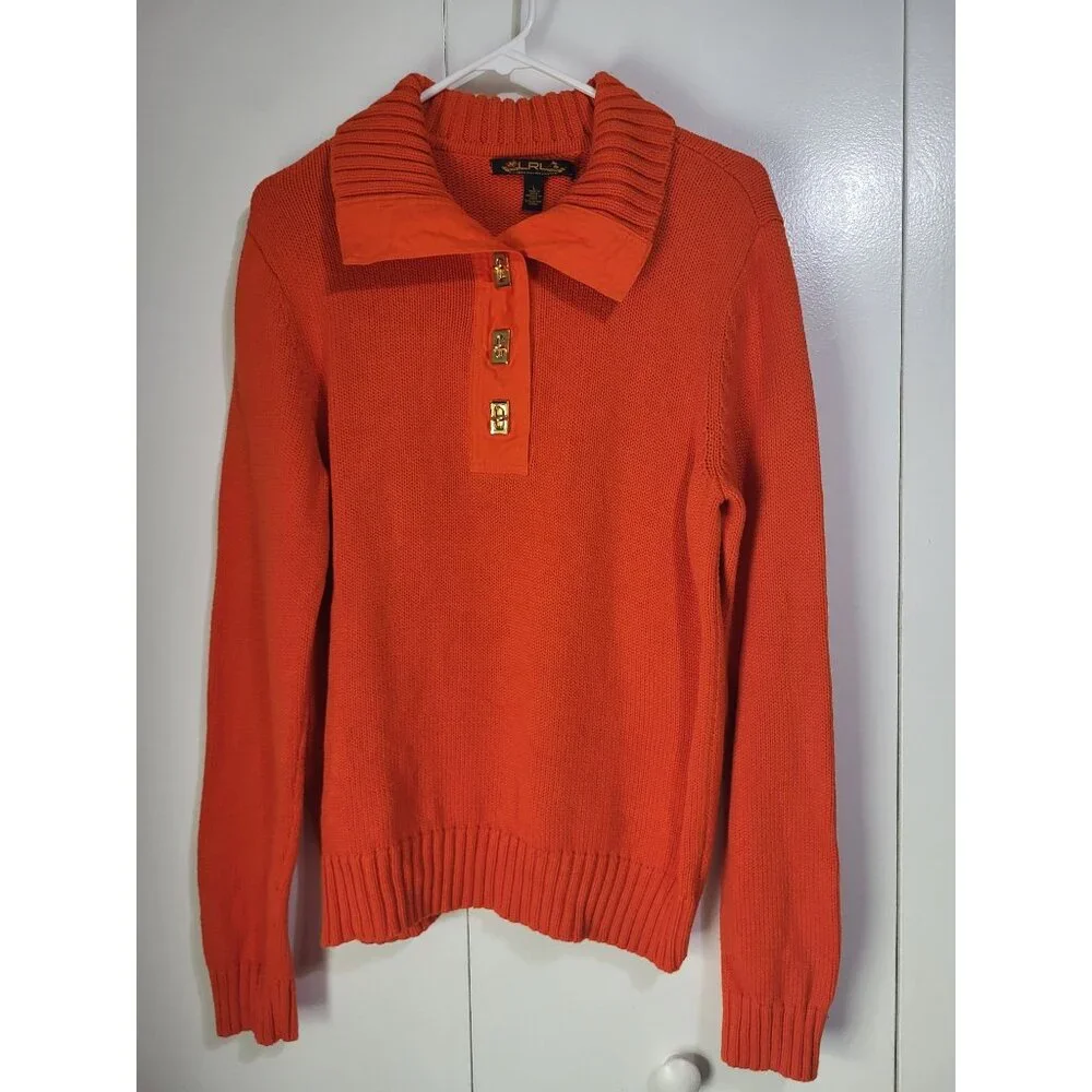 LRL Lauren Ralph Lauren Women L Orange Sweater Gold Turn Lock Preppy Old Money - Picture 2 of 6